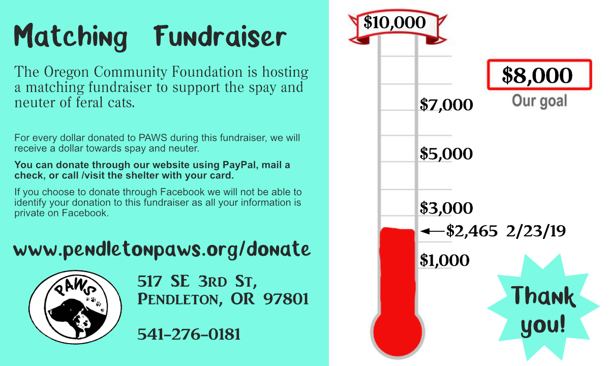 PAWS Matching Fundraiser PAWS Pendleton Animal Welfare Shelter